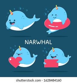 Cute narwhal vector cartoon characters set isolated on background.