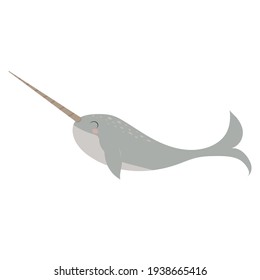 Cute narwhal, vector childish illustration in flat style. For poster, greeting card and baby design.