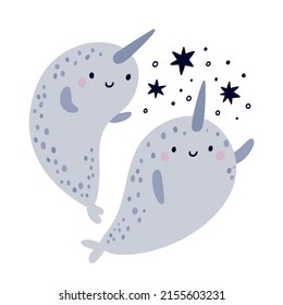 Cute narwhal vector illustration. Baby animals in cartoon style. Funny ocean animal character. Underwater whale