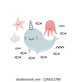 Cute Narwhal vector print. Cute hand drawn illustration with cartoon  Narwhal