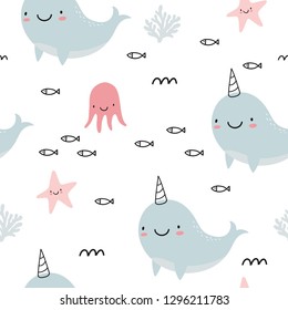 Cute Narwhal vector print. Cute hand drawn illustration with cartoon  Narwhal. Seamless pattern