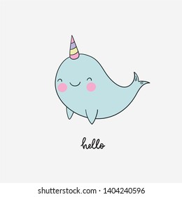 Cute Narwhal vector print. Cute hand drawn illustration with cartoon  Narwhal. 