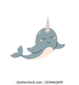 Cute Narwhal vector print. Cute hand drawn illustration with cartoon Narwhal.Baby animals in cartoon style. Funny ocean animal character. Underwater whale
