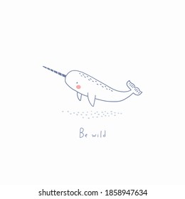 Cute narwhal vector print. Undersea animals