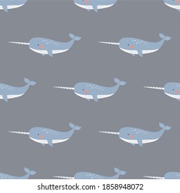 Cute narwhal vector print. Undersea animals seamless pattern