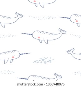 Cute narwhal vector print. Undersea animals seamless pattern