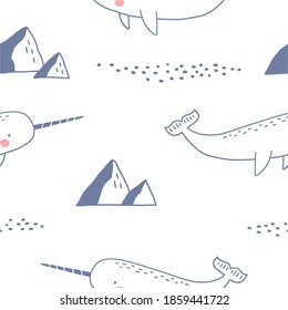 Cute narwhal vector print. Undersea animals seamless pattern
