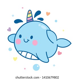 Cute Narwhal vector, unicorn of the sea, Kawaii character cartoon, hand drawn isolated on a white background 