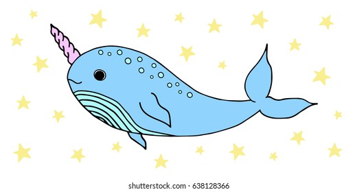 Cute narwhal whale cartoon doodle drawing, hand drawn vector illustration of blue narwhal with pink horn, transparent background and yellow stars.