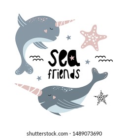 Cute narwhals. Marine friends. Vector childish illustration isolated on white background. Cute greeting card or poster for the children's room.