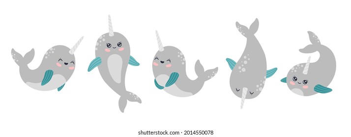 Cute narwhals stickers collection, sea unicorn animal characters, baby whale set. Funny ocean  creatures with horn in grey pastel colors clip art, modern trendy vector illustration, flat cartoon style