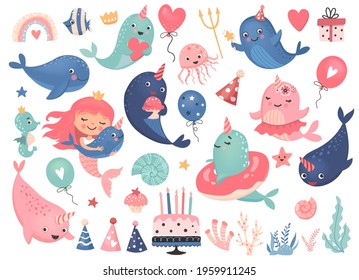 Cute narwhals, underwater animals set for birthday party decoration. Cartoon vector illustration.