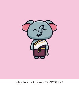 Cute national animal female elephant wearing thai national dress  cartoon illustration