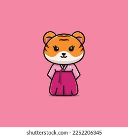 Cute national animal female tiger wearing south korea national dress cartoon illustration