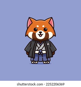 Cute national animal red panda wearing japanese national dress  cartoon illustration