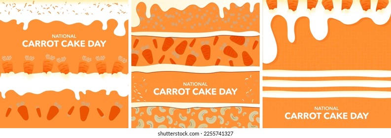 Cute National Carrot Cake Day Greeting Card Poster Designs. Flat Carrot Cake Slice with icing, carrot candies, cashews. Vector Illustration. EPS 10