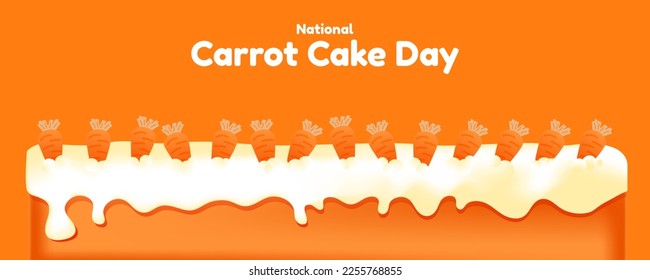 Cute National Carrot Cake Day Banner with long carrot cake topped with icing and candy carrots on orange background. Vector Illustration. EPS 10