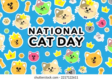 Cute National Cat Day Banner filled with Cartoon Cats and kittens with crowns. Winking Cat cartoon with smiley faces. Vector Illustration. EPS 10.