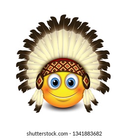 Cute native American emoji, emoticon - isolated vector illustration - Indian headdress