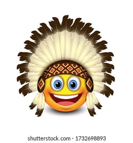 Cute native American emoji, emoticon - isolated vector illustration - Indian headdress