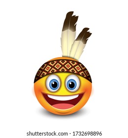 Cute native American emoji, emoticon - isolated vector illustration - Indian headdress