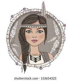 Cute Native American Girl And Feathers Frame.