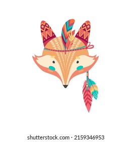 Cute native american or indian fox animal mask with feathers isolated tribal headdress cartoon icon. Vector red fox face, carnival party headband, wildlife animal mascot, head with national ornaments