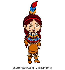Cute native american indian girl cartoon on white background
