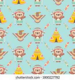 cute native american sloth animals cartoon seamless pattern