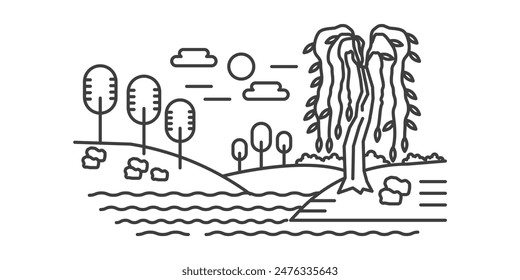 Cute natural landscape, river flowing between hills, trees growing on bank, line icon vector illustration