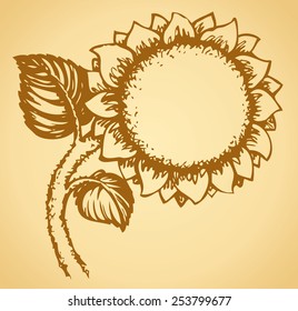 Cute natural plant frame of large fragrant sunflower with lush petals. Vector monochrome freehand ink drawn backdrop card sketchy in scrawl antiquity style of pen on paper with space for text