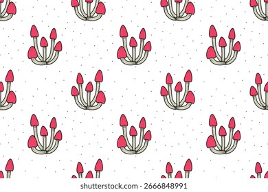 Lindo patrón natural sin fisuras de setas rosadas sobre fondo blanco. Seta de dibujos animados Abstractas del medio ambiente, bosque, prado. Diseño plano. Para Fondo de pantalla, textil, embalaje, Sitio web de fondo.