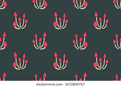Lindo patrón natural sin fisuras de setas rosadas sobre fondo oscuro. Abstractas ambiente de setas de dibujos animados, bosque. Diseño plano. Para Fondo de pantalla, textiles, embalaje, fondos y Sitios web.