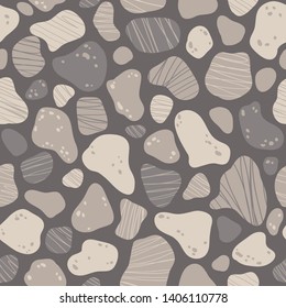Cute natural texture of sea pebbles in a simple cartoon style. Vector seamless pattern perfect for packaging design, textile, wrapping paper, fabric, etc