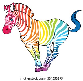 cute naturalistic zebra with rainbow stripes in funny pose  - line drawing hand-drawing sketch