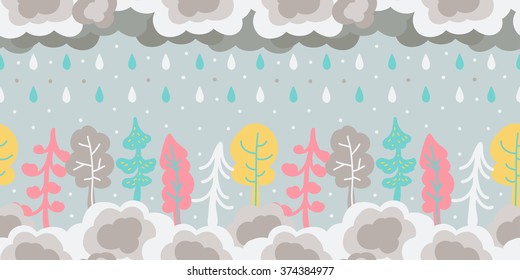 Cute nature background with nice cartoon clouds, trees and rain in vector. Nature seamless pattern. Illustration for game design