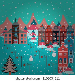 Cute nature landscape concept on blue, neutral and pink colors. Perfect for kids fabric, textile, nursery wallpaper. Colorful pattern with houses, trees and mountains.