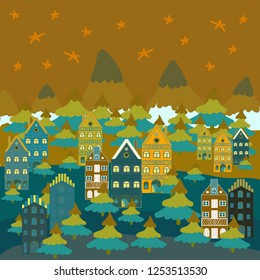 Cute nature landscape concept on brown, blue and green colors. Perfect for kids fabric, textile, nursery wallpaper. Colorful pattern with houses, trees and mountains.