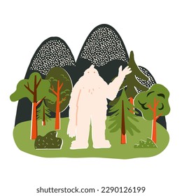 Cute nature landscape with trees and mountains and funny greeting yeti, waving hand. Friendly bigfoot, sweet monster in the woods. Vector retro-style isolated illustration.