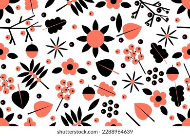 cute nature with leaves, berries, flowers, acorns. Seamless vector pattern for design and decoration.