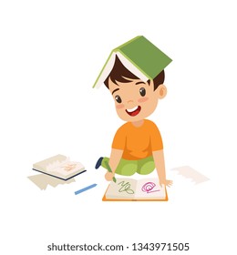Cute Naughty Boy Ripping Pages of Book and Writing on It, Bad Child Behavior Vector Illustration