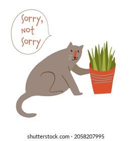 Cute naughty cat knocking off a plant pot or grass saying sorry not sorry. Sticker for social media, messenger, card, merch. Vector illustration in hand drawn flat cartoon style.