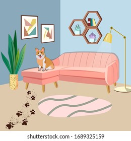 Cute Naughty Corgi Dog With Dirty Paws Jumped On A Fancy Sofa In Modern Apartment And Ruined The Interior. Illustration For Cleaning Services And Dog Training. Adorable Animals. Cozy Apartment.