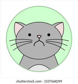 Cute Naughty, Grumpy Cat, Round Icon, Emoji. Gray Cat With A Whiskers Is Very Unhappy, Vector Image Isolated On A White Background.