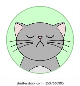 Cute Naughty, Grumpy Cat, Round Icon, Emoji. Gray Cat With A Whiskers Is Unhappy, Vector Image Isolated On A White Background.