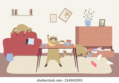 Cute naughty raccoons stealing fruit making mess and sleeping in living room flat vector illustration