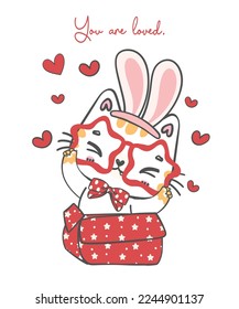 cute naughty smile bunny ears white kitten cat in red gift box with mini heart paw gesture, you are loved, animal cartoon doodle hand drawing 