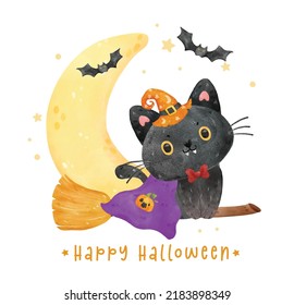 cute naughty smile Halloween black cat wear witch hat on flying broom pass moon phase  and bats watercolor illustration vector 