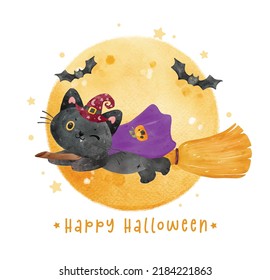 cute naughty smile Halloween black cat wear witch hat on flying broom with full moon and bats watercolor illustration vector 