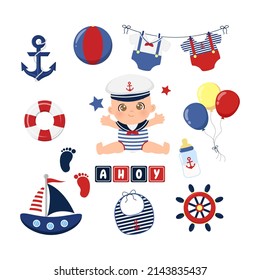 Cute Nautical Baby Elements For Children Birthday. Flat Vector Cartoon Design